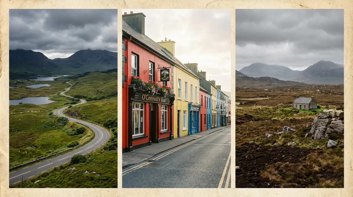 Three distinct scenes: Ring of Kerry, Dingle town, and Connemara landscape