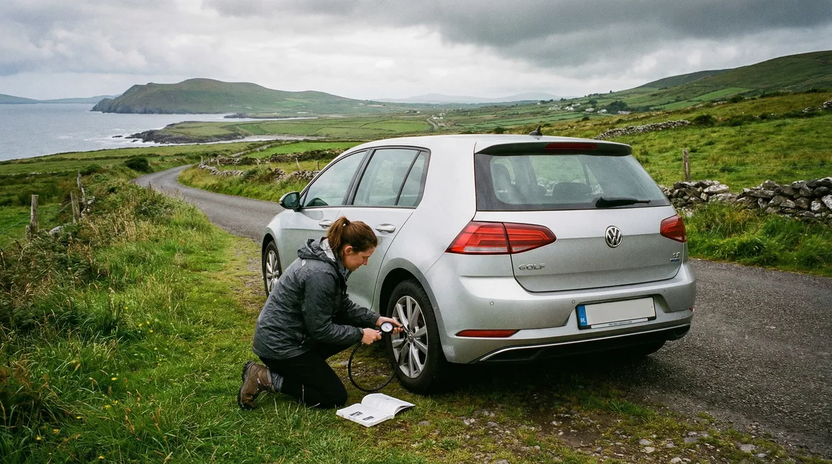 Modern rental car pulled over on a rural Irish road, demonstrating emergency preparedness