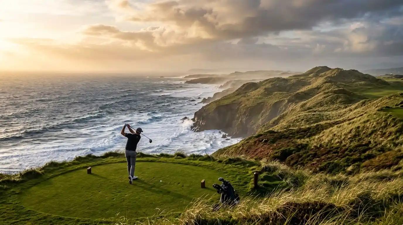 A luxury golfer hitting a tee shot on a dramatic cliffside links golf course in Ireland at golden hour.