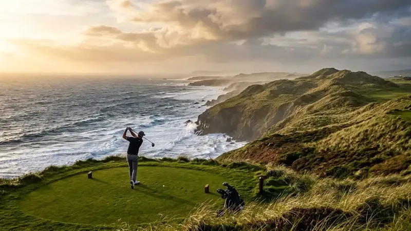 A luxury golfer hitting a tee shot on a dramatic cliffside links golf course in Ireland at golden hour.