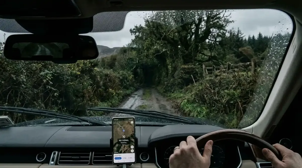The logistical stress of navigating unmarked rural Irish roads when GPS signal fails.