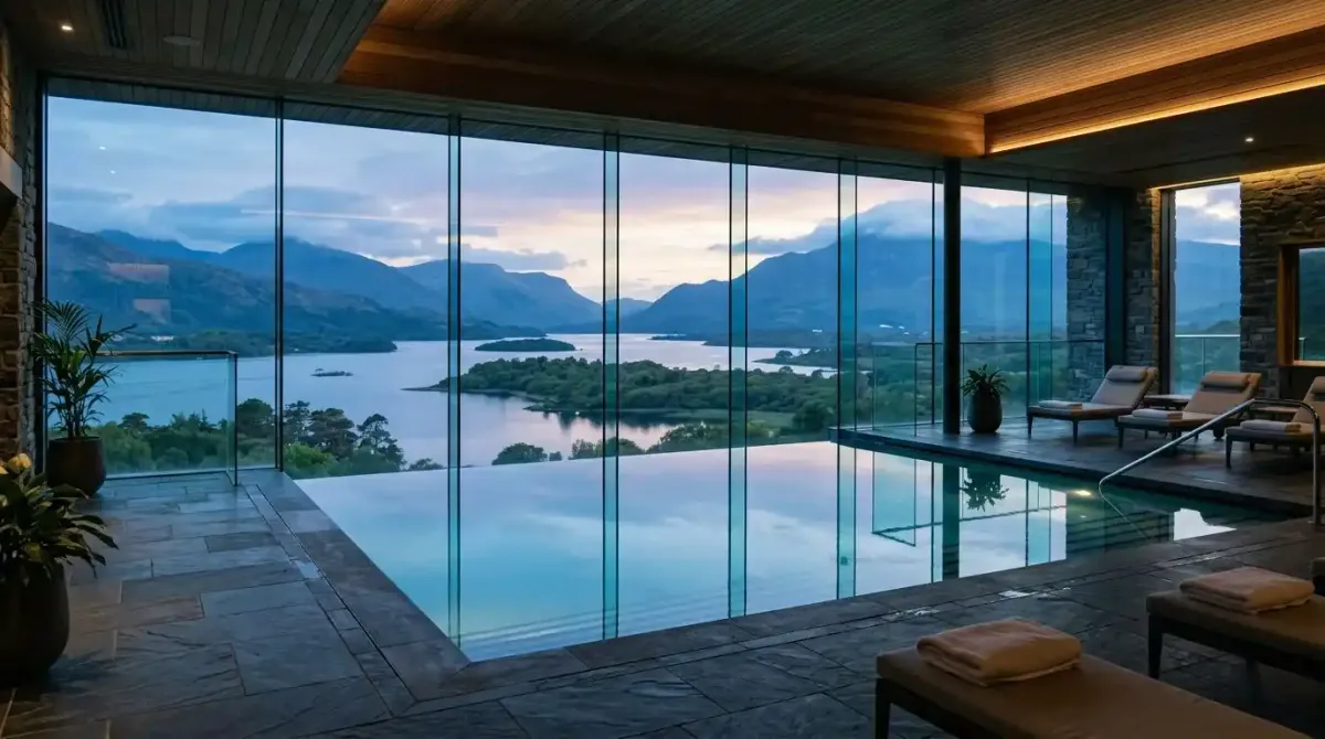 The magnificent indoor infinity pool and luxury wellness center overlooking the Lakes of Killarney.