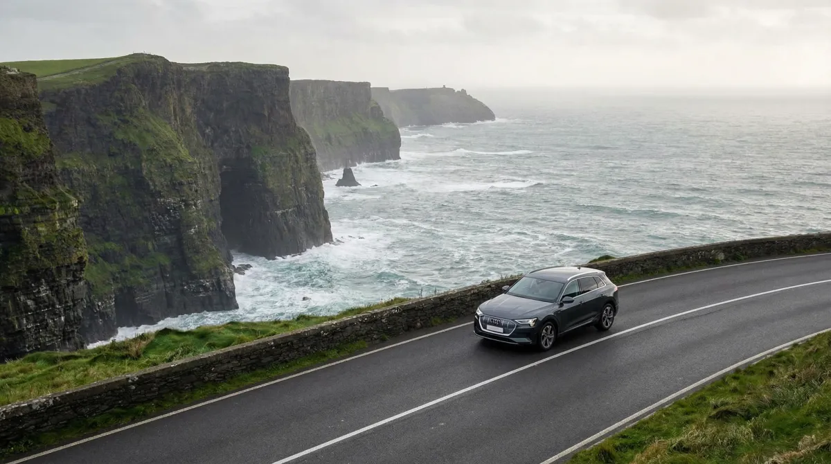 Modern rental car driving on a scenic coastal road in Ireland.