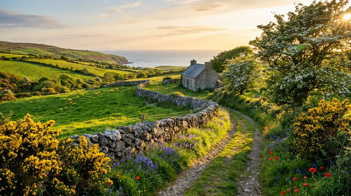 A beautiful Irish landscape in spring or autumn with vibrant greenery and soft lighting, ideal for travel.