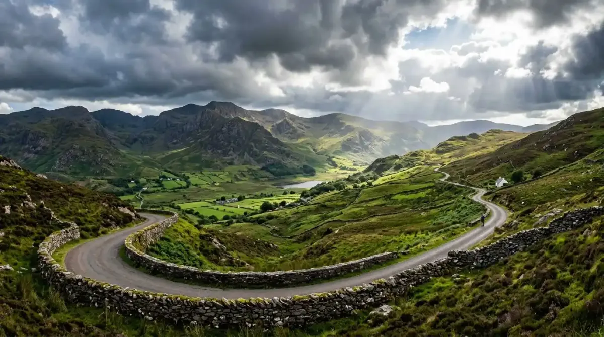 A perfectly structured, scenic driving route navigating the wild mountain passes of southwestern Ireland.