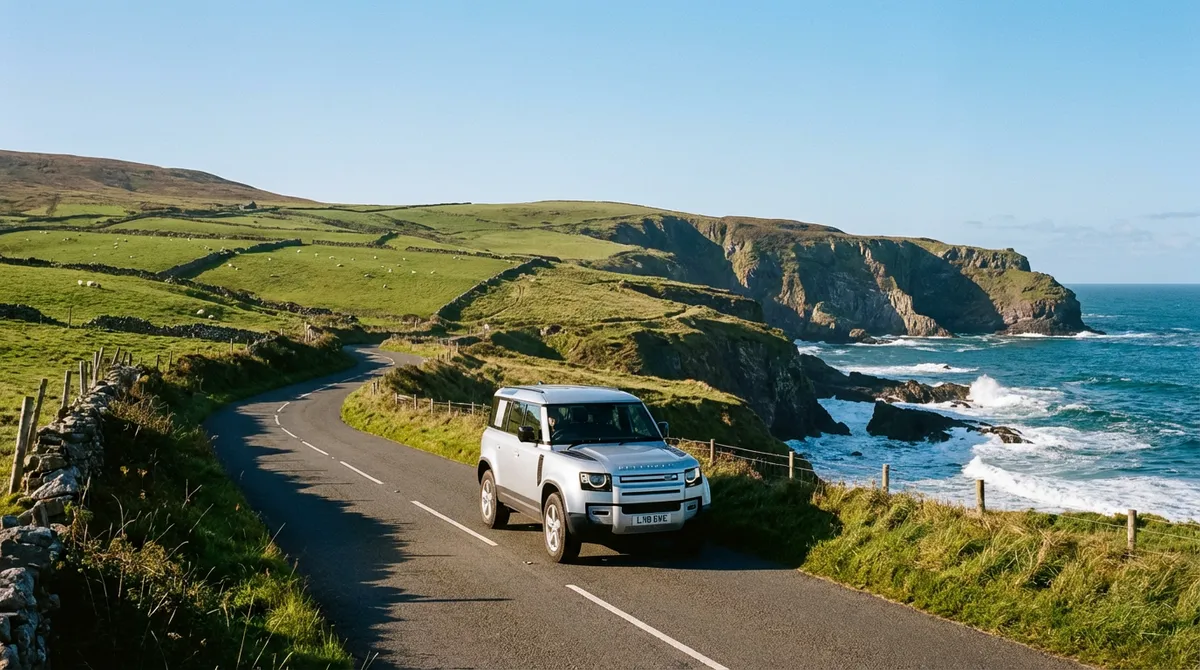 A modern commercial car driving along a winding coastal road in Northern Ireland with green hills and the sea.