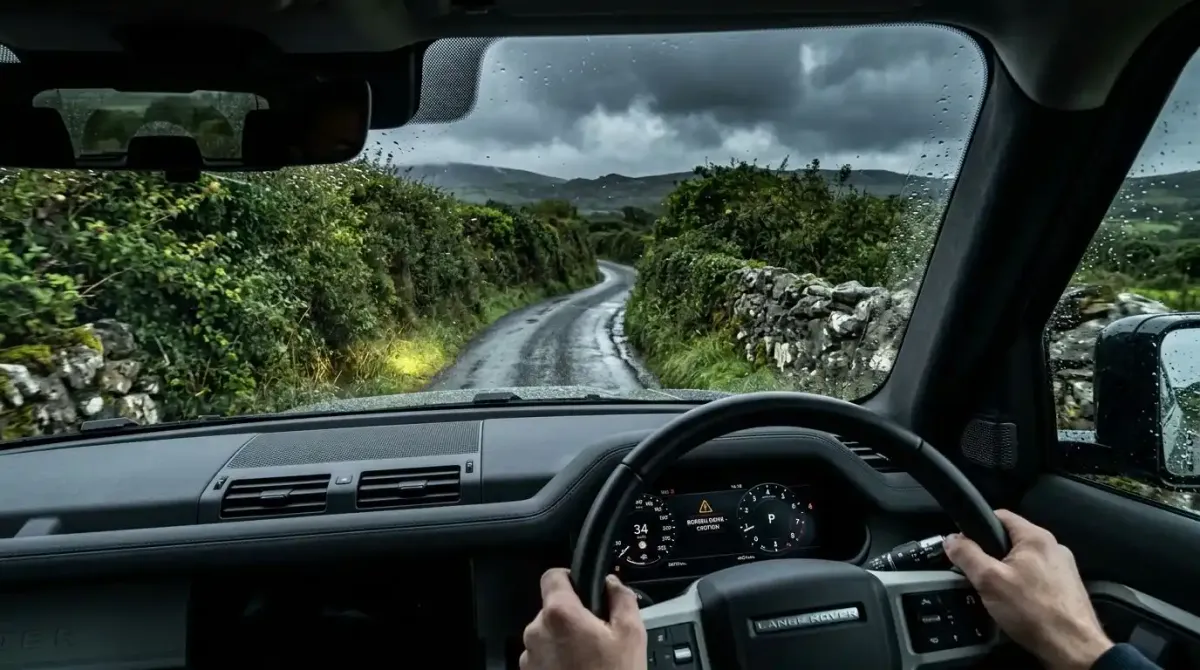 A single-lane rural Irish boreen road illustrating the physical constraints of self-driving in remote coastal counties.