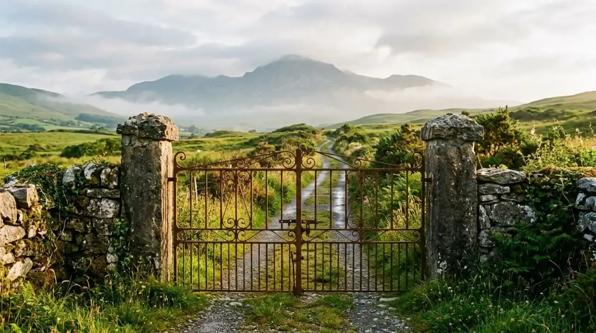 A traditional stone wall and gate in rural Ireland, leading to ancestral lands.