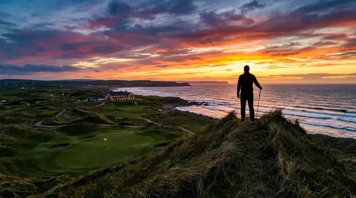 A luxury traveler looking out over a championship links layout at sunset, cementing an enduring sporting legacy.