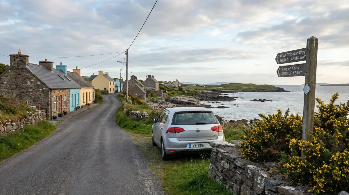 A charming, winding country road through a picturesque village on a quieter segment of the Wild Atlantic Way, with a modern rental car.