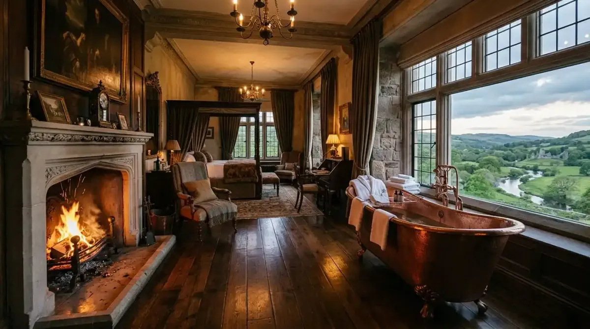 A signature luxury castle stateroom suite featuring a private fireplace and elegant copper soaking tub.