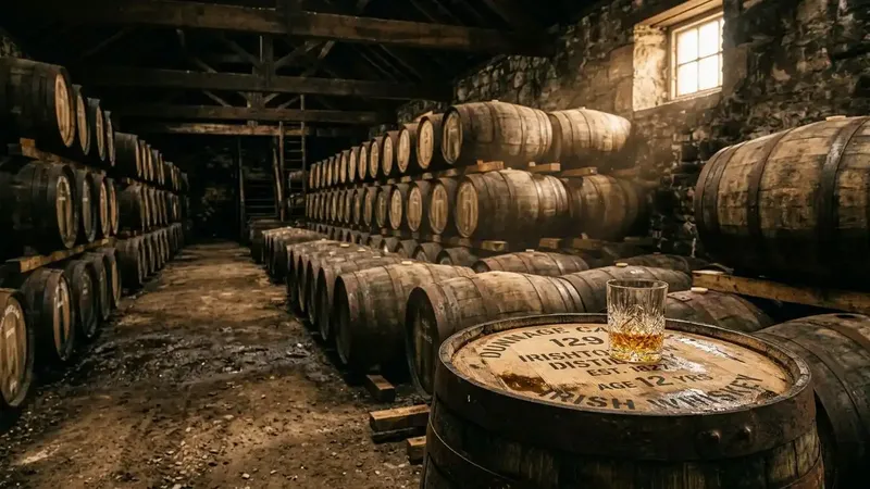 A atmospheric luxury whiskey maturation warehouse in Ireland with oak barrels and golden sunlight.