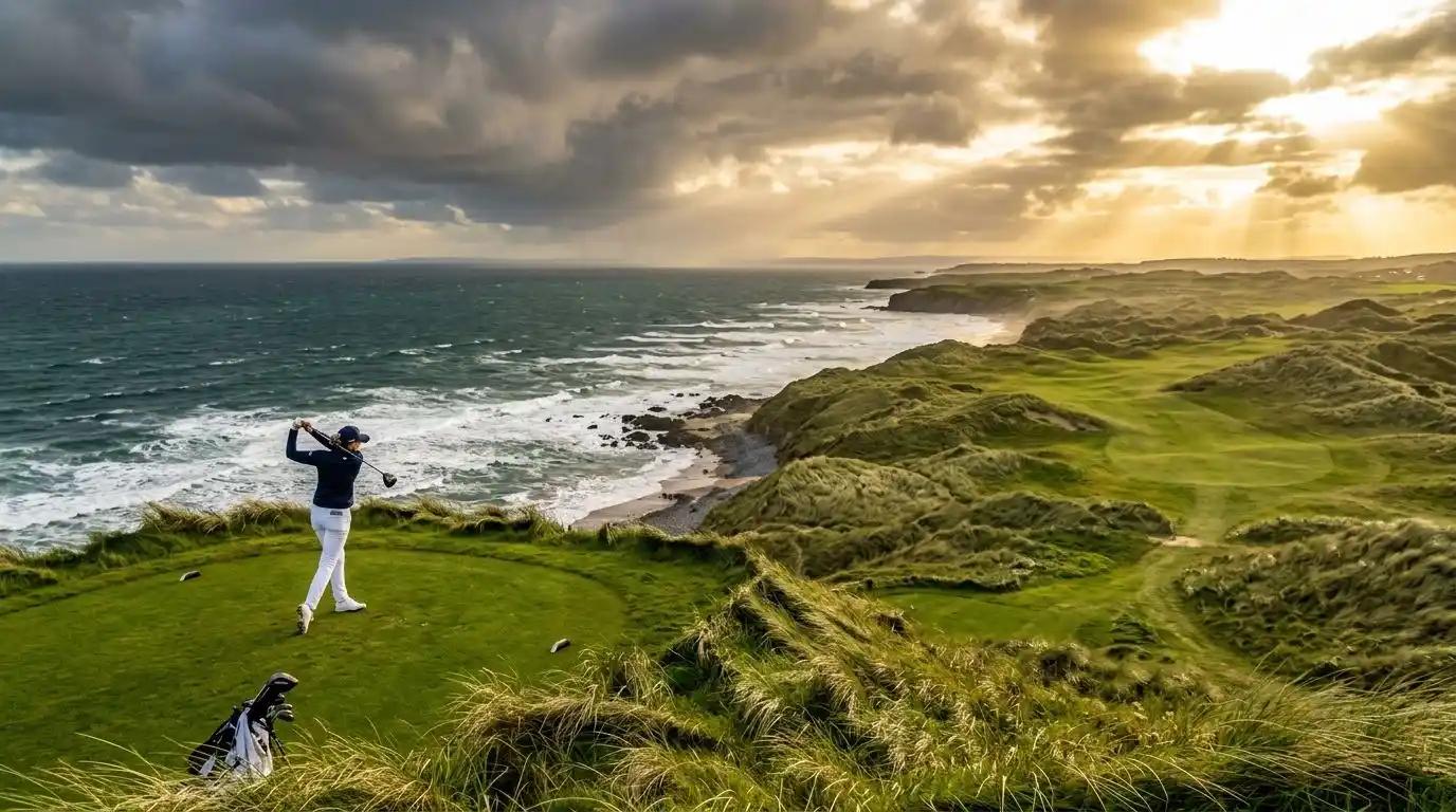 A high-end golfer hitting a tee shot on a dramatic coastal links golf course in Ireland during a luxury tour package.