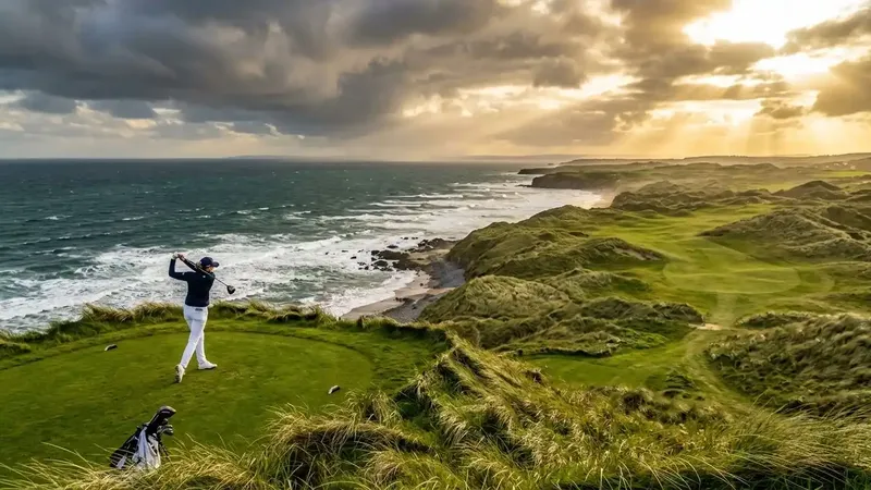 A high-end golfer hitting a tee shot on a dramatic coastal links golf course in Ireland during a luxury tour package.