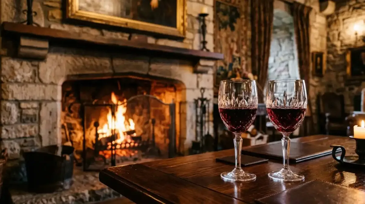 Fine wine and a turf fire in a luxury Irish castle, highlighting the need for a driver.
