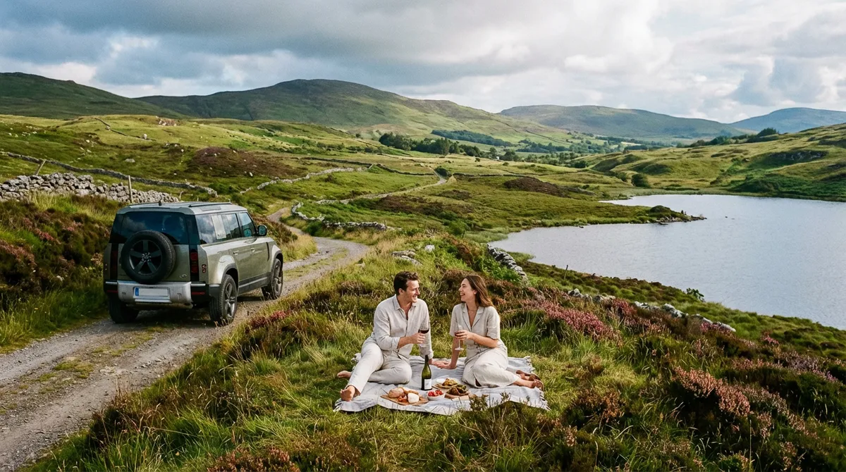 Couple on a picnic in Connemara with a car in the background.