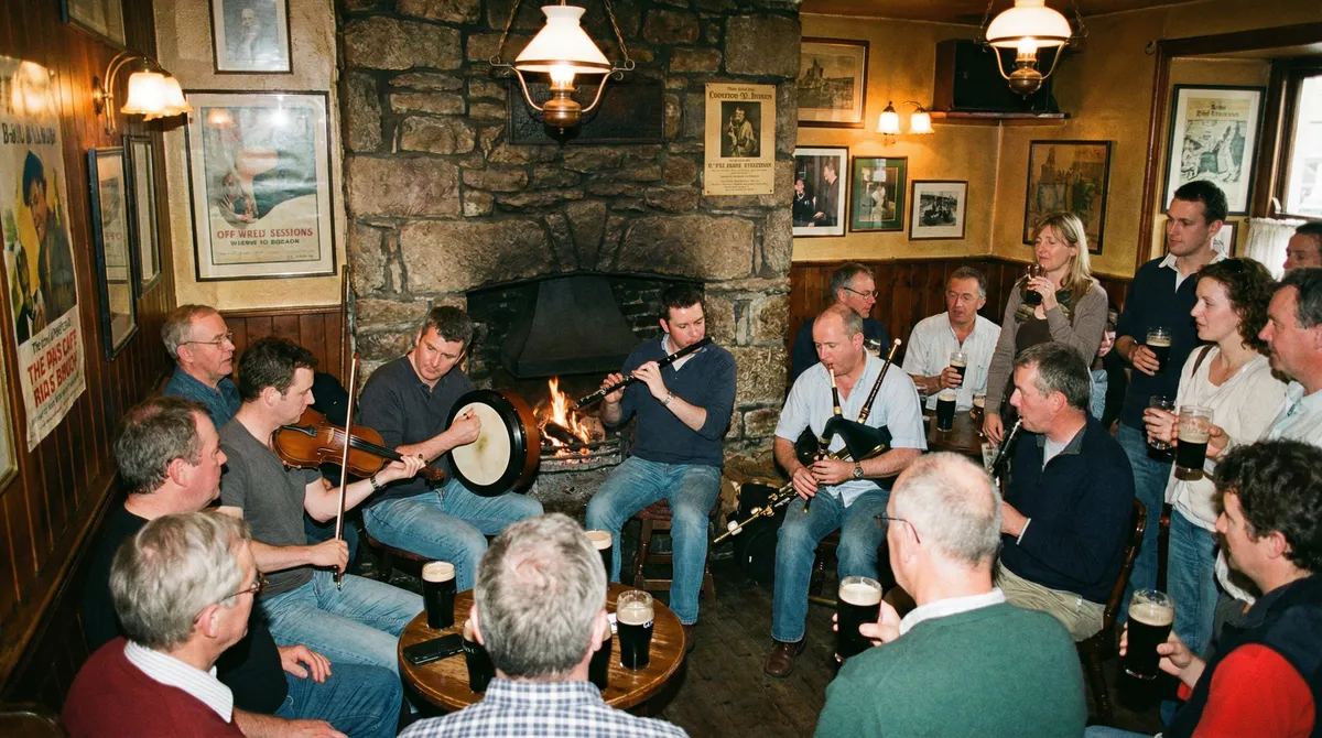 Lively traditional Irish music session in a cozy pub