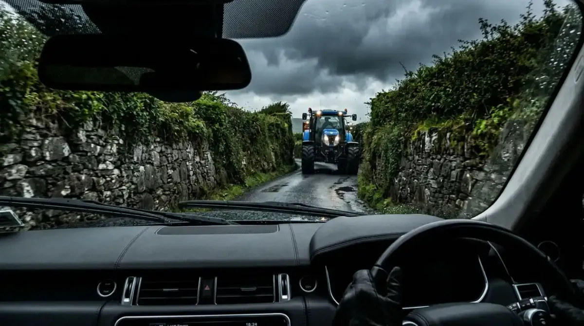 A narrow, single-lane rural boreen road illustrating the intense driving constraints of self-guided travel in remote Ireland.