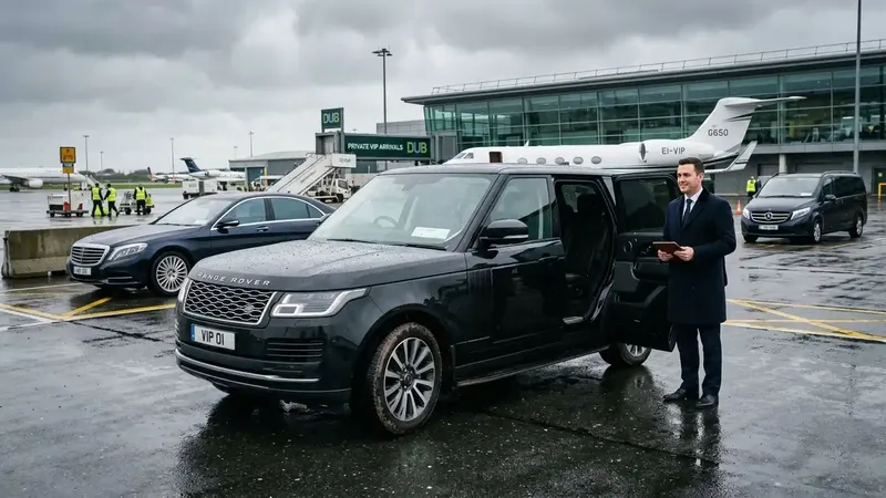 A premium executive vehicle waiting at the airport terminal for a luxury concierge transfer.