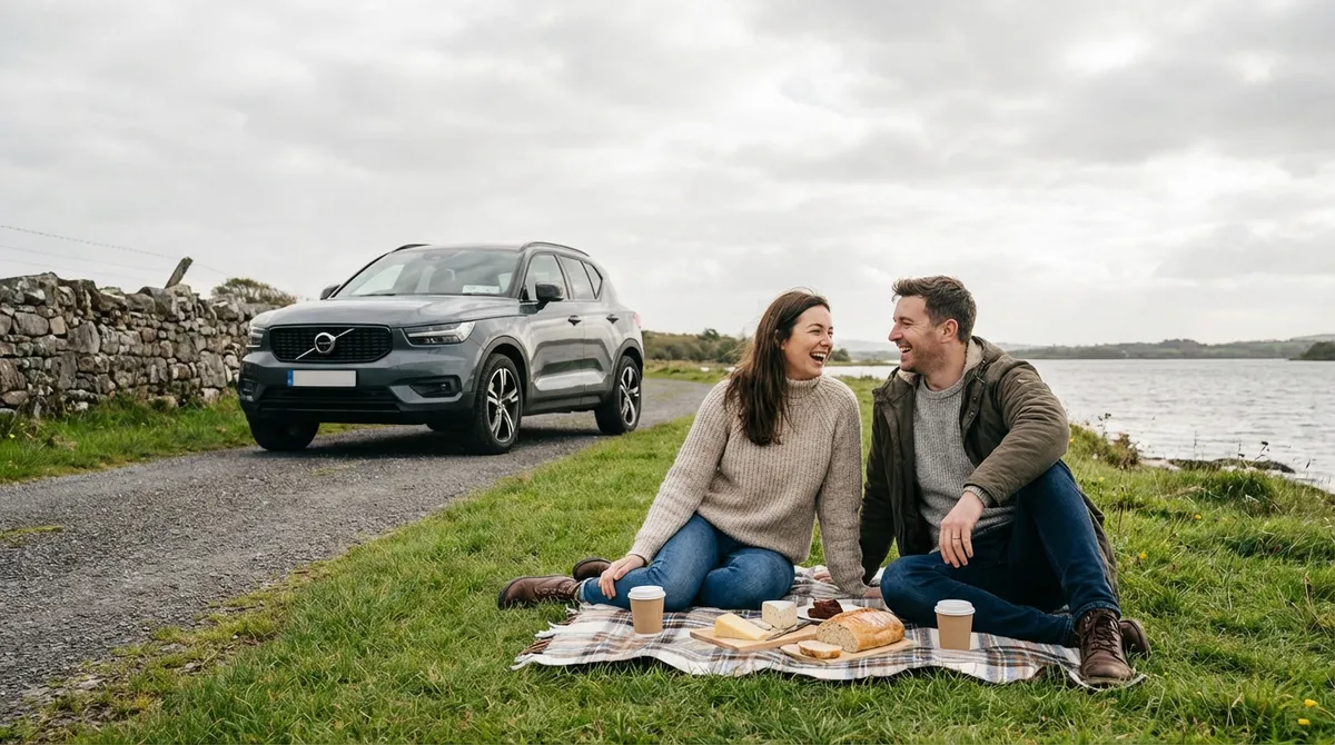 Couple enjoying a picnic by an Irish lake, with a modern car in the background, symbolizing accessible travel