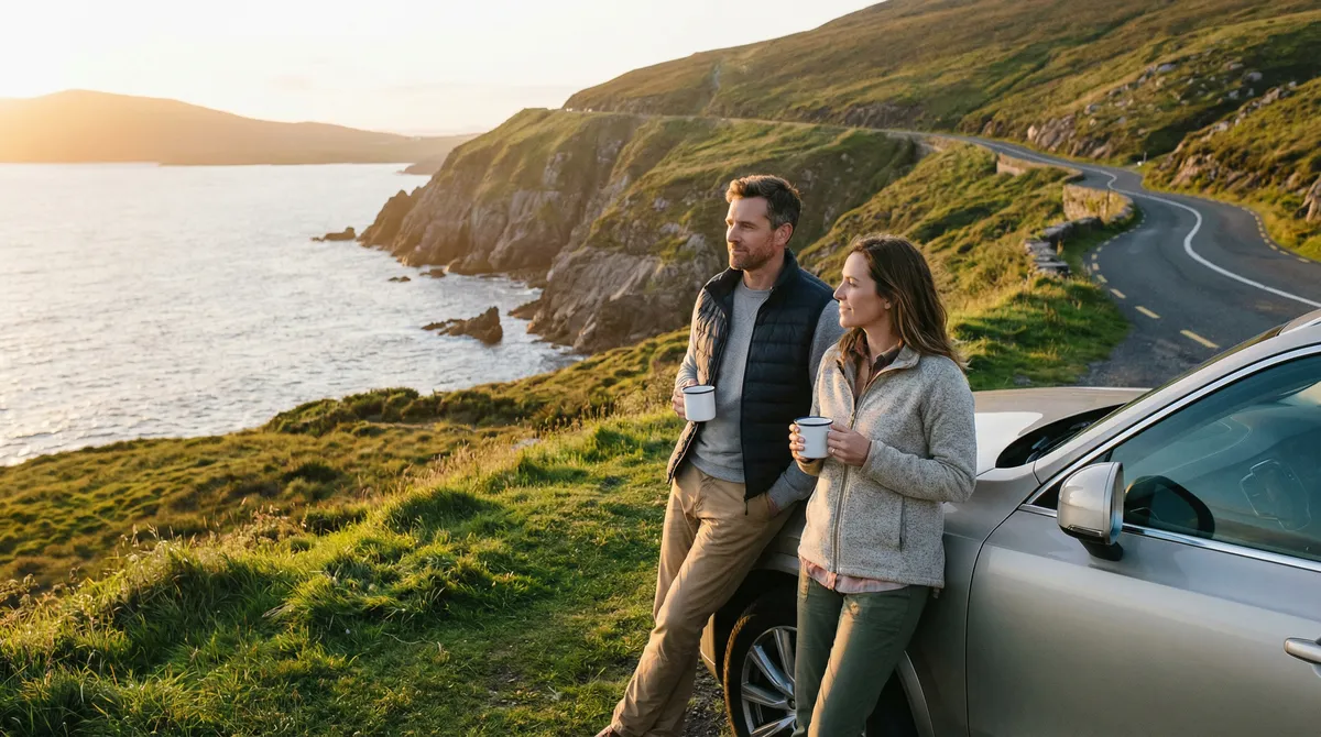 Couple enjoying a scenic coastal view on the Ring of Kerry next to their modern rental car, embracing slow travel.