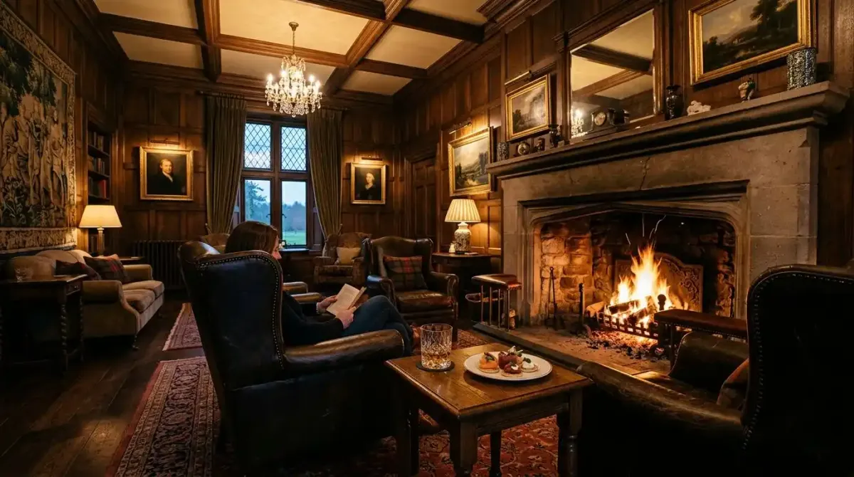 A warm turf fire and a glass of premium Irish whiskey waiting inside a luxury castle hotel after a long day of hiking.