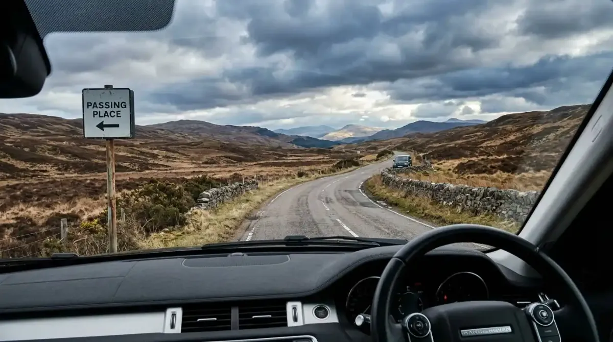 Navigating a scenic single-track road in the Scottish Highlands using a curated travel route.