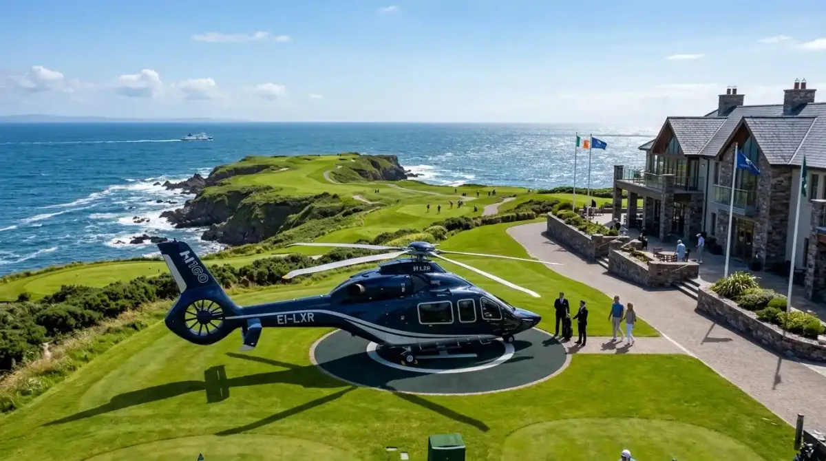 A premium private helicopter transfer service waiting for luxury golf travelers on the Irish coast.