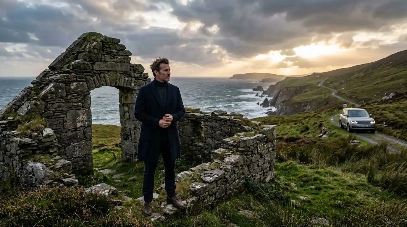 A traveler exploring their ancestral roots at a ruined stone cottage on the Wild Atlantic Way.