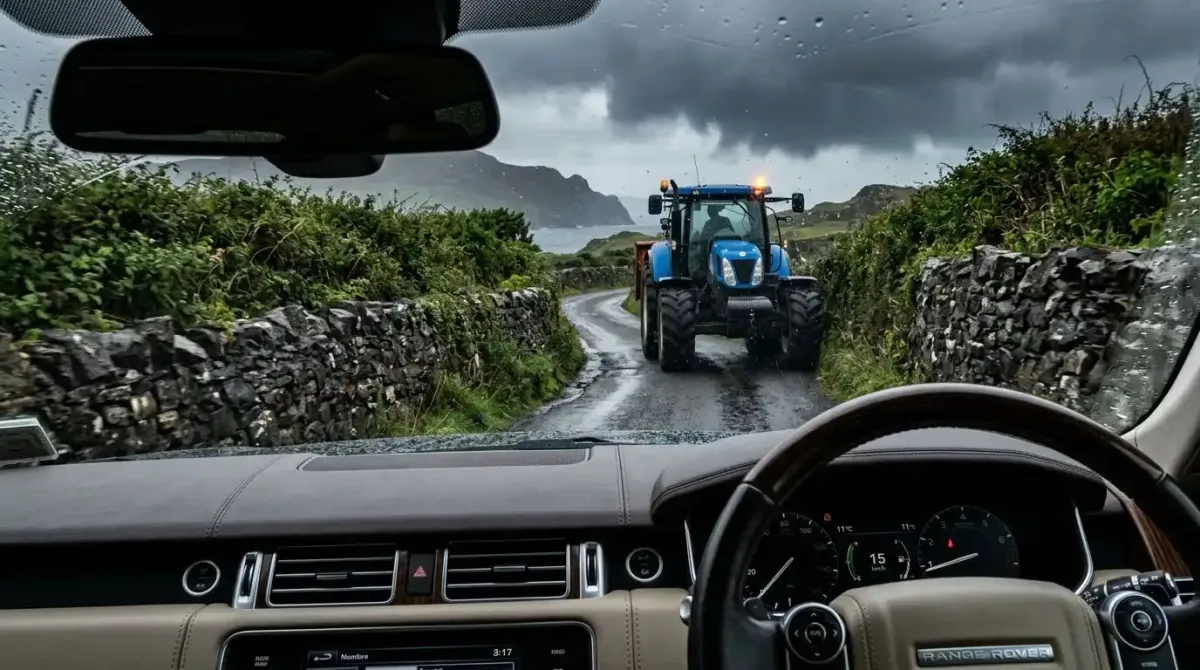 A narrow, single-lane rural boreen road illustrating the intense driving constraints of self-guided travel in remote Ireland.