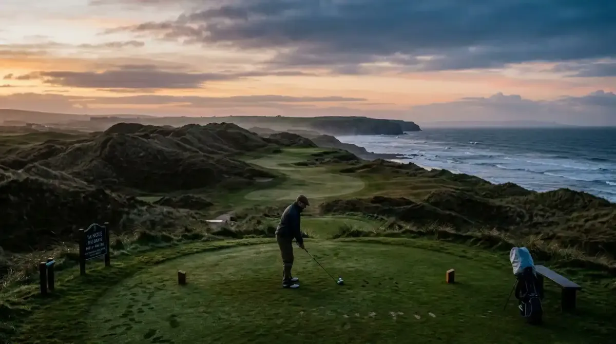A stunning view of a luxury Irish links golf course fairway at dawn with large sand dunes and the Atlantic ocean.