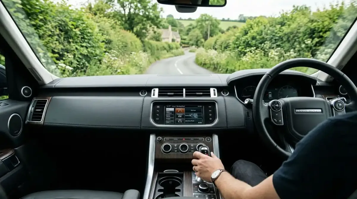 Looking out over a narrow regional road from the interior of a premium automatic rental car.