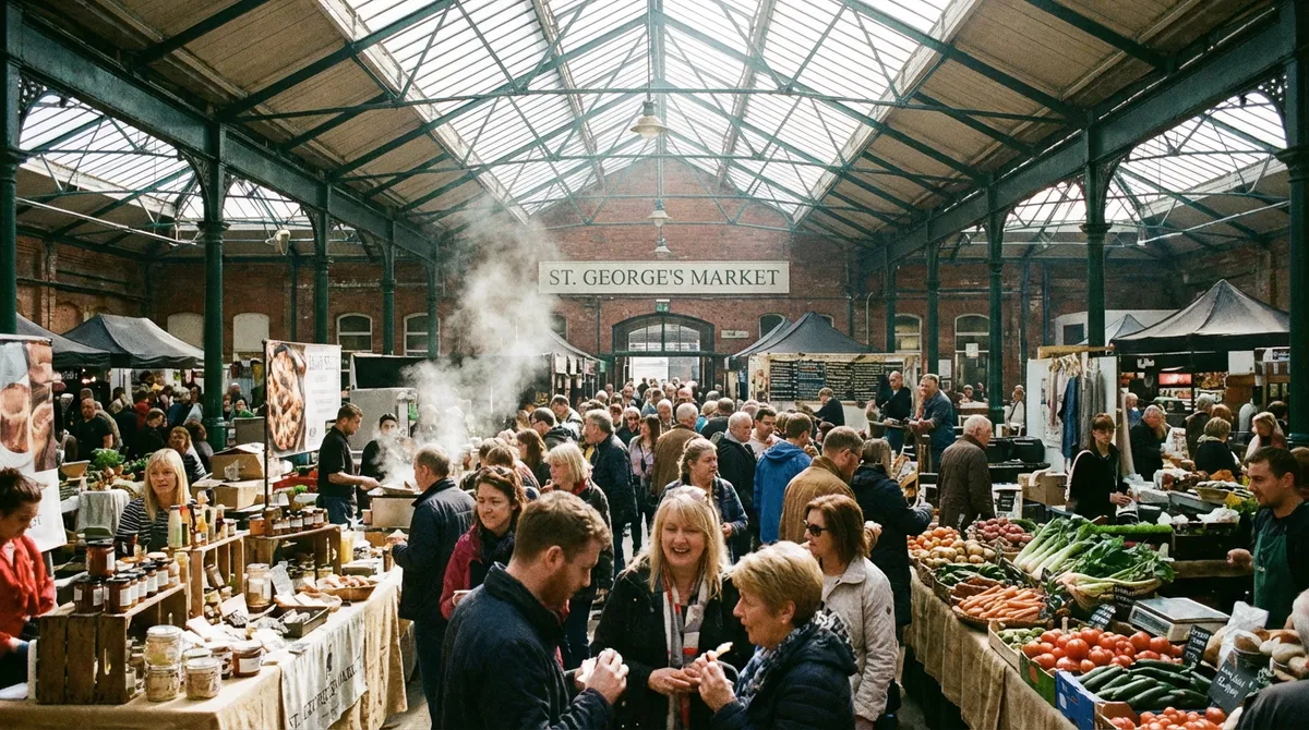 A bustling scene inside St. George's Market in Belfast, with vendors and shoppers.