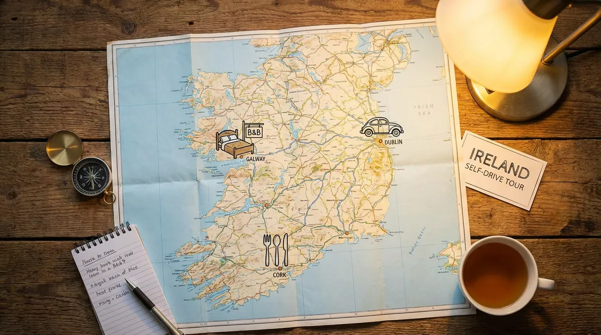 A map of Ireland with symbols for car, bed, and food, representing the holy trinity of travel costs.