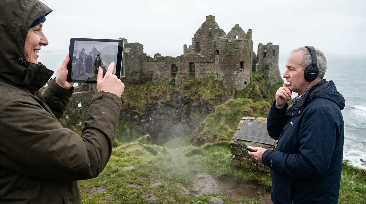 Person using an augmented reality guide at a historic castle site in Northern Ireland, bringing history to life