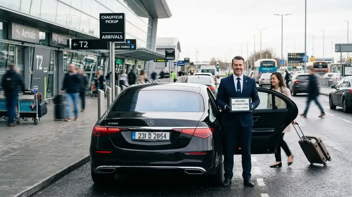 A private chauffeur-driven Mercedes awaiting a luxury guest at Dublin Airport.