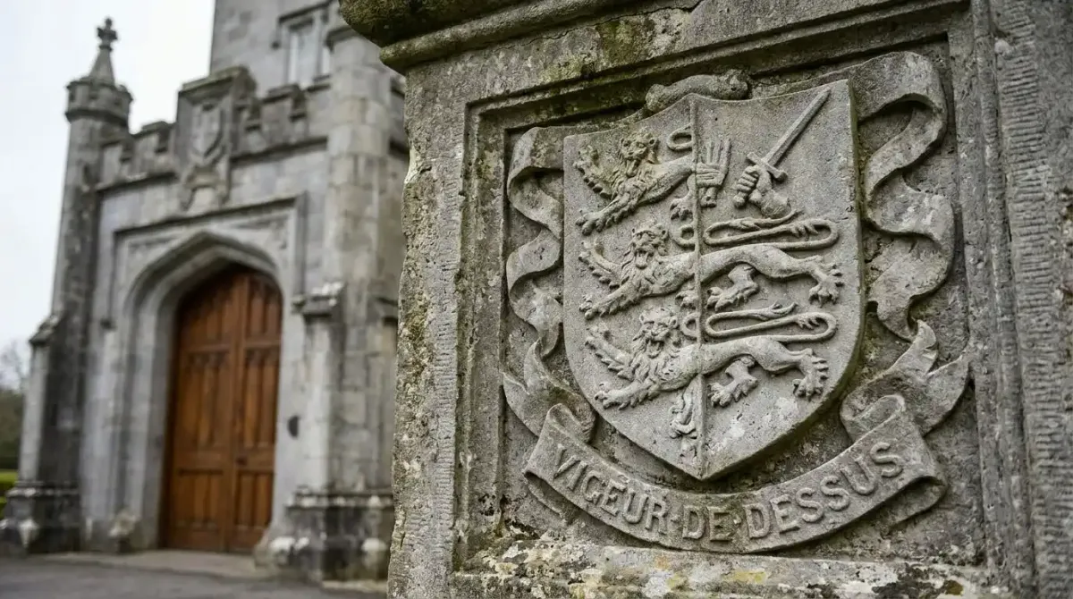 The ancestral O'Brien family coat of arms carved into the stone of Dromoland Castle.