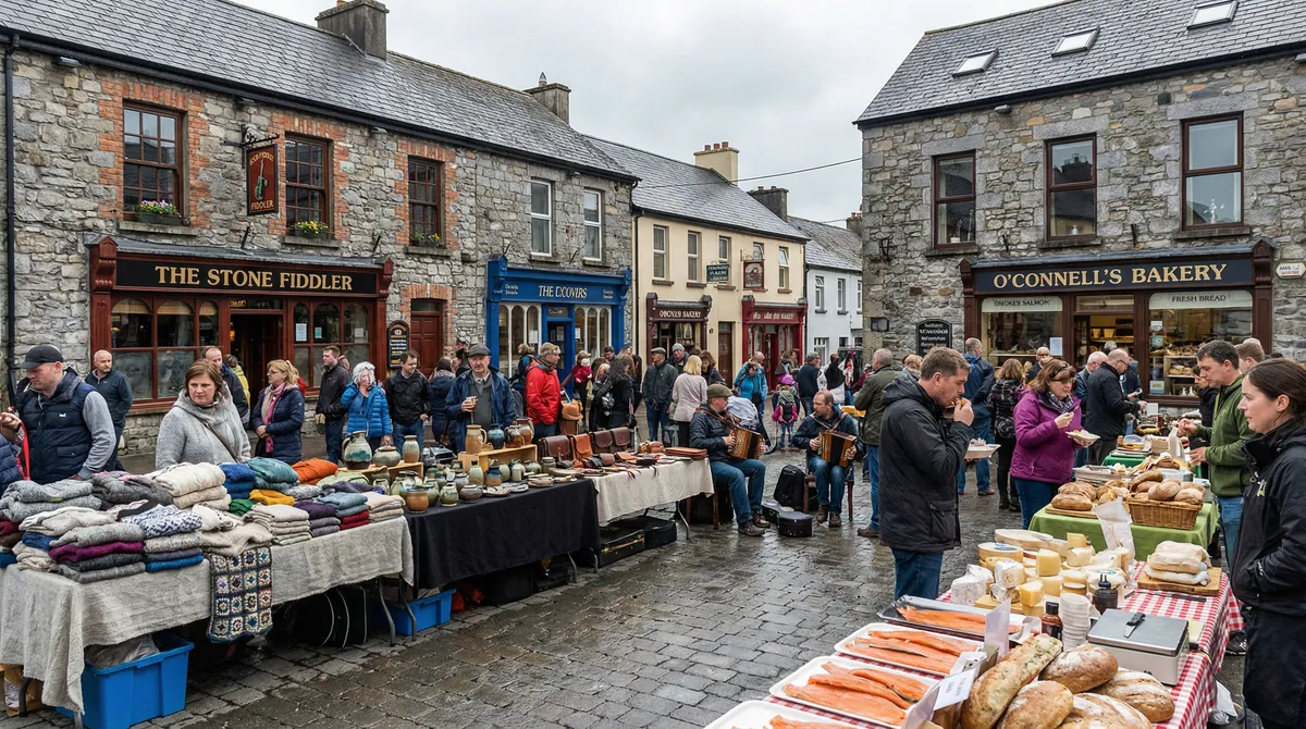 A lively artisan market in an Irish town square, with people browsing stalls and historic buildings in the background.