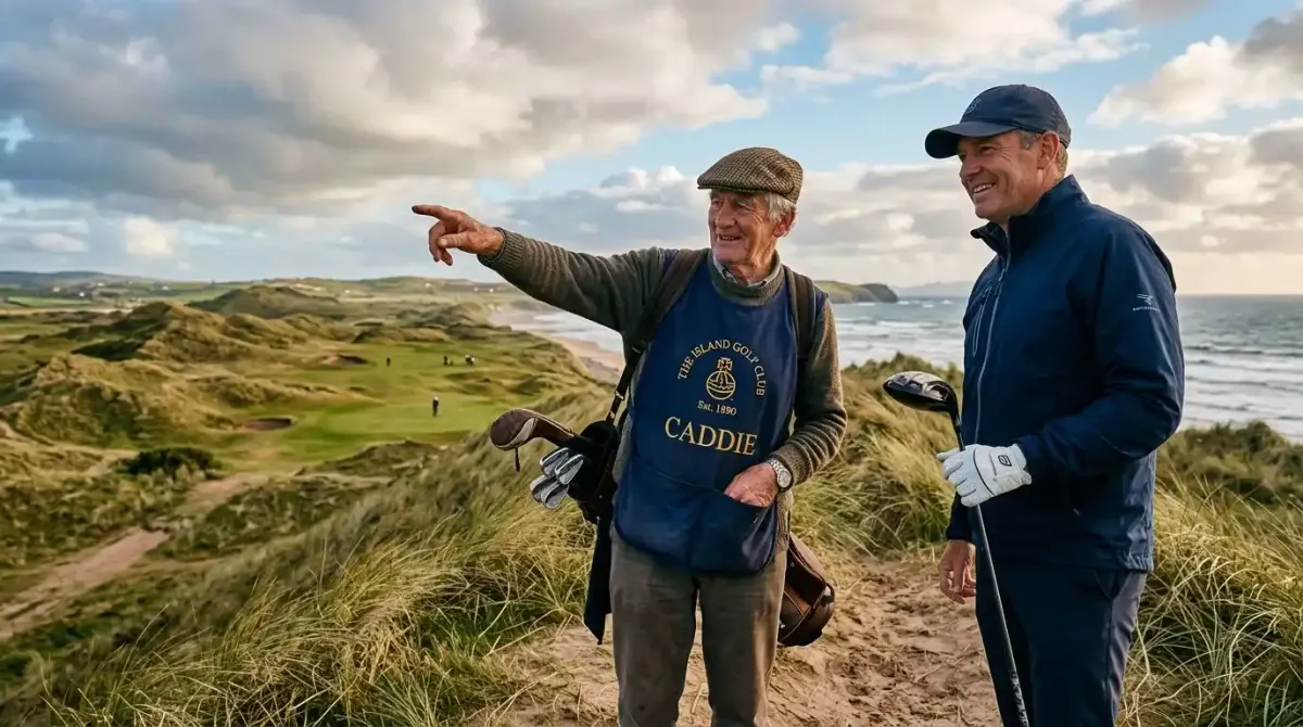 A professional local caddie pointing out the proper target line on a championship Irish links course.