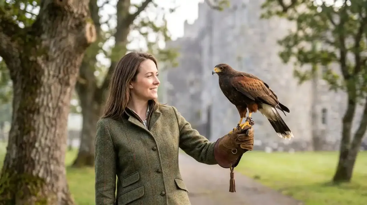 A private falconry lesson at the Ashford Castle School of Falconry.