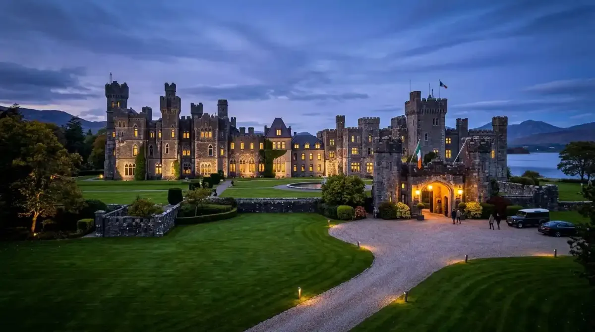 The spectacular exterior of a luxury 5-star castle hotel in Ireland during a custom travel tour.