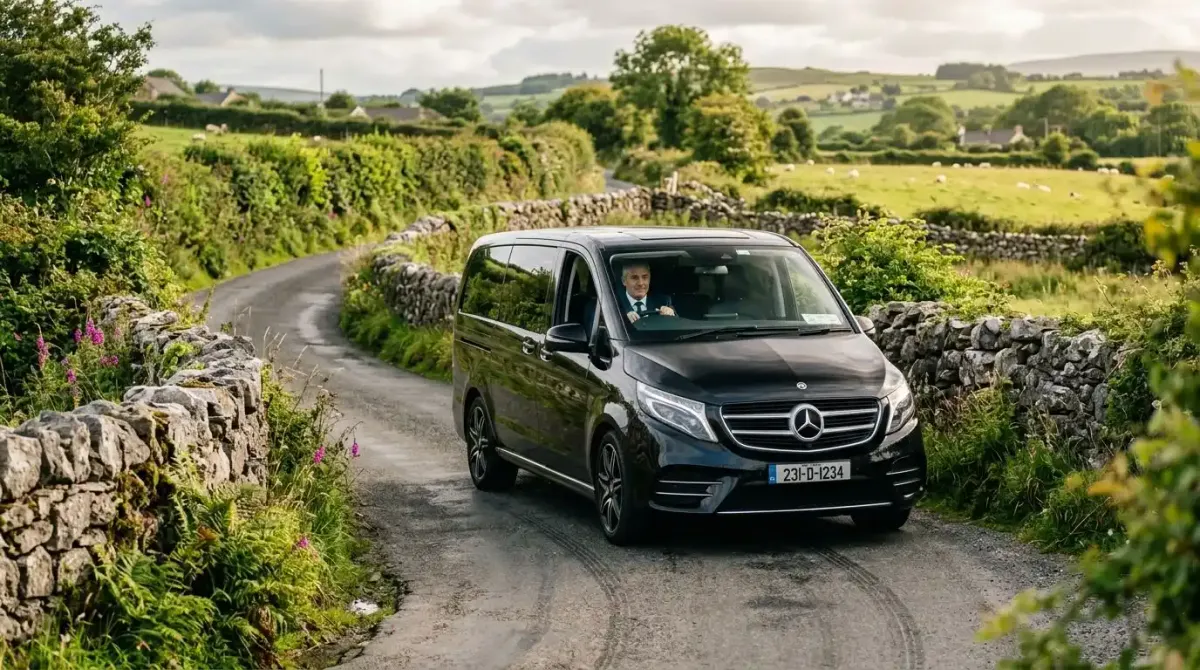 A luxury private chauffeur driving effortlessly through narrow, scenic rural roads in the west of Ireland.