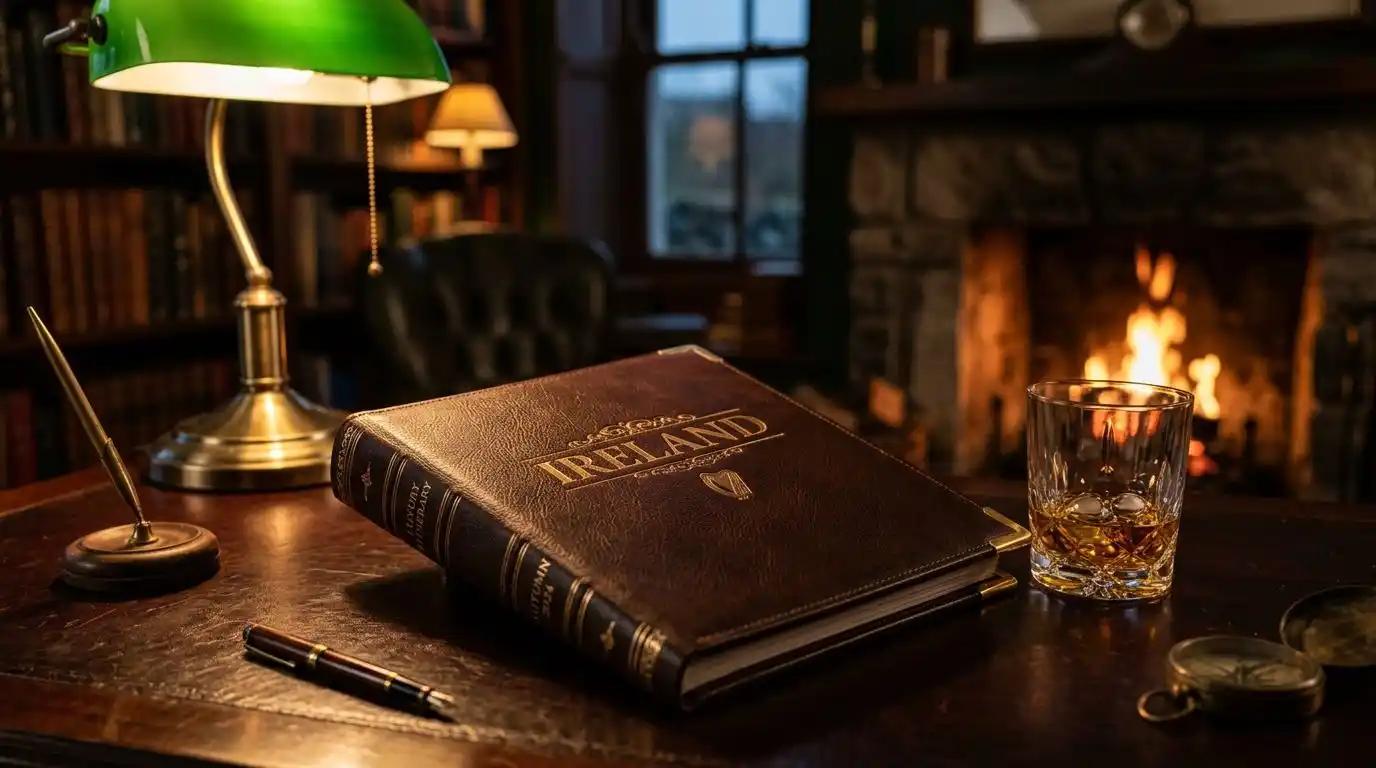 A luxury Ireland castle vacation package itinerary resting on a mahogany desk in a castle library.