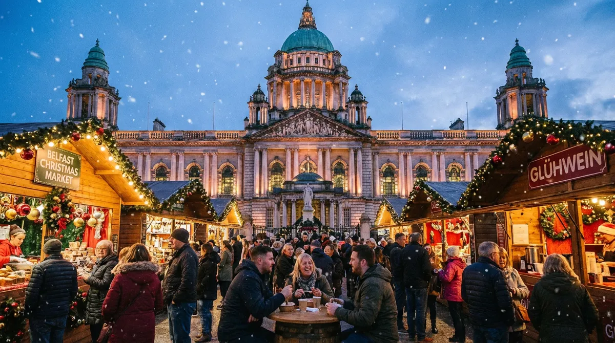 Busy Christmas market in front of Belfast City Hall with festive lights.