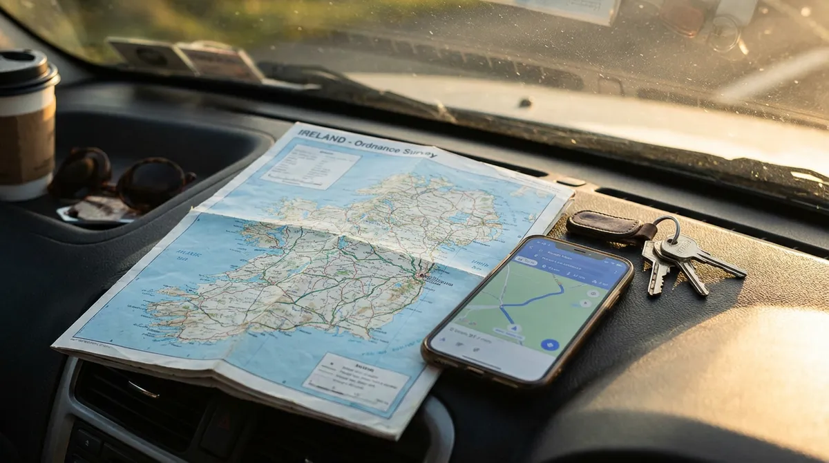 Road map of Ireland and smartphone navigation app on a car dashboard, symbolizing trip planning