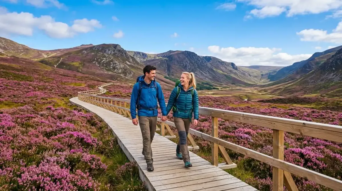 A couple enjoying a seamless, custom walking trail across a heather-covered ridge in the Wicklow Mountains.