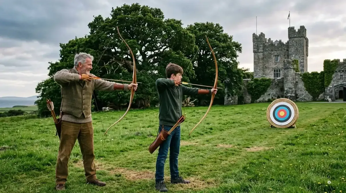 A multi-generational archery lesson on the grounds of a luxury Irish castle.