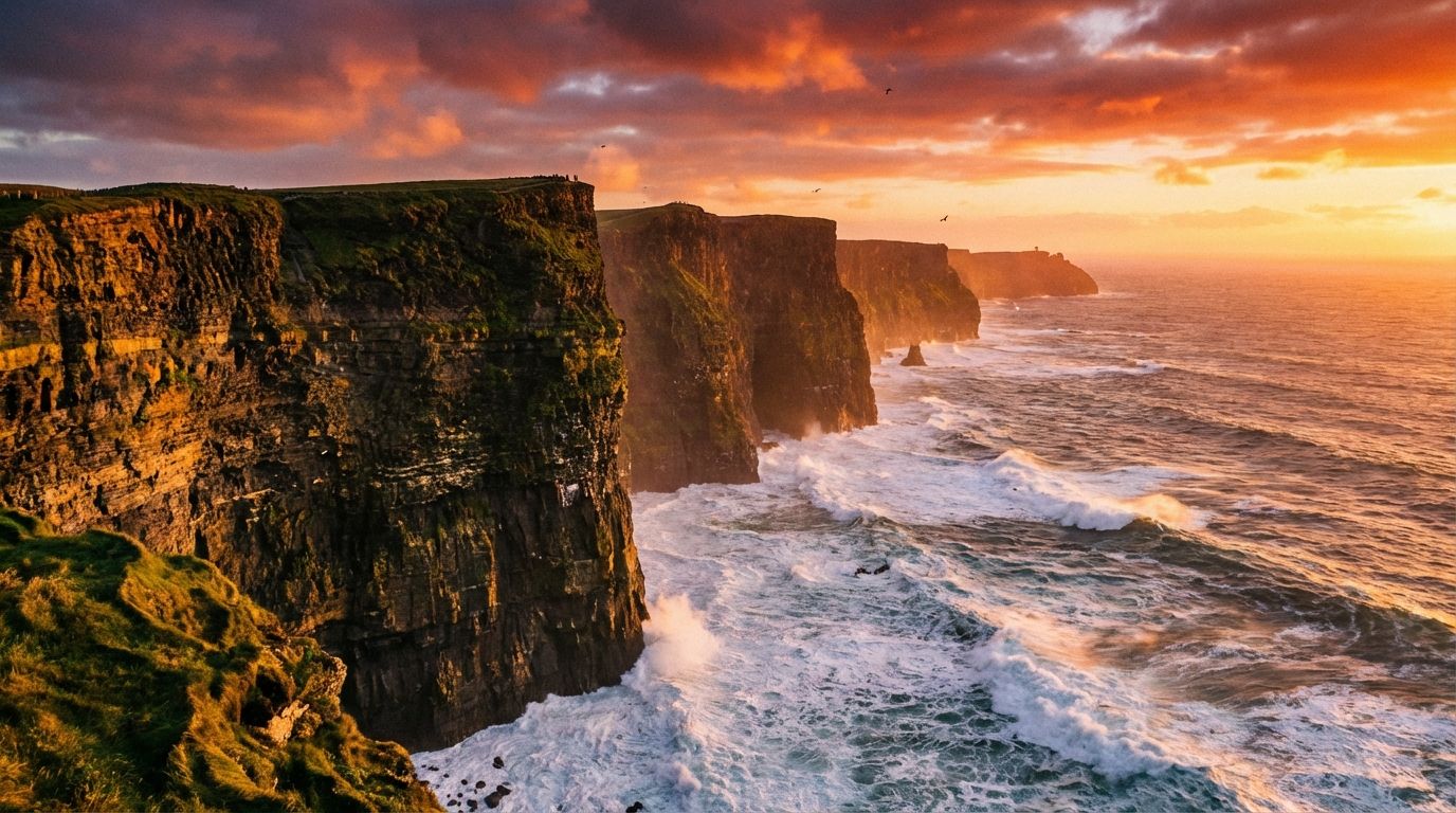 Sunset at the Cliffs of Moher, a highlight of the Wild Atlantic Way.
