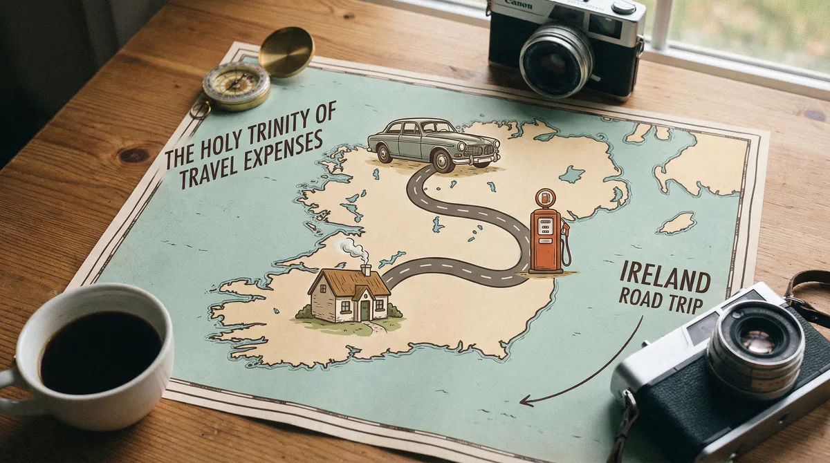 Stylized map of Ireland with car, fuel, and accommodation icons representing travel expenses