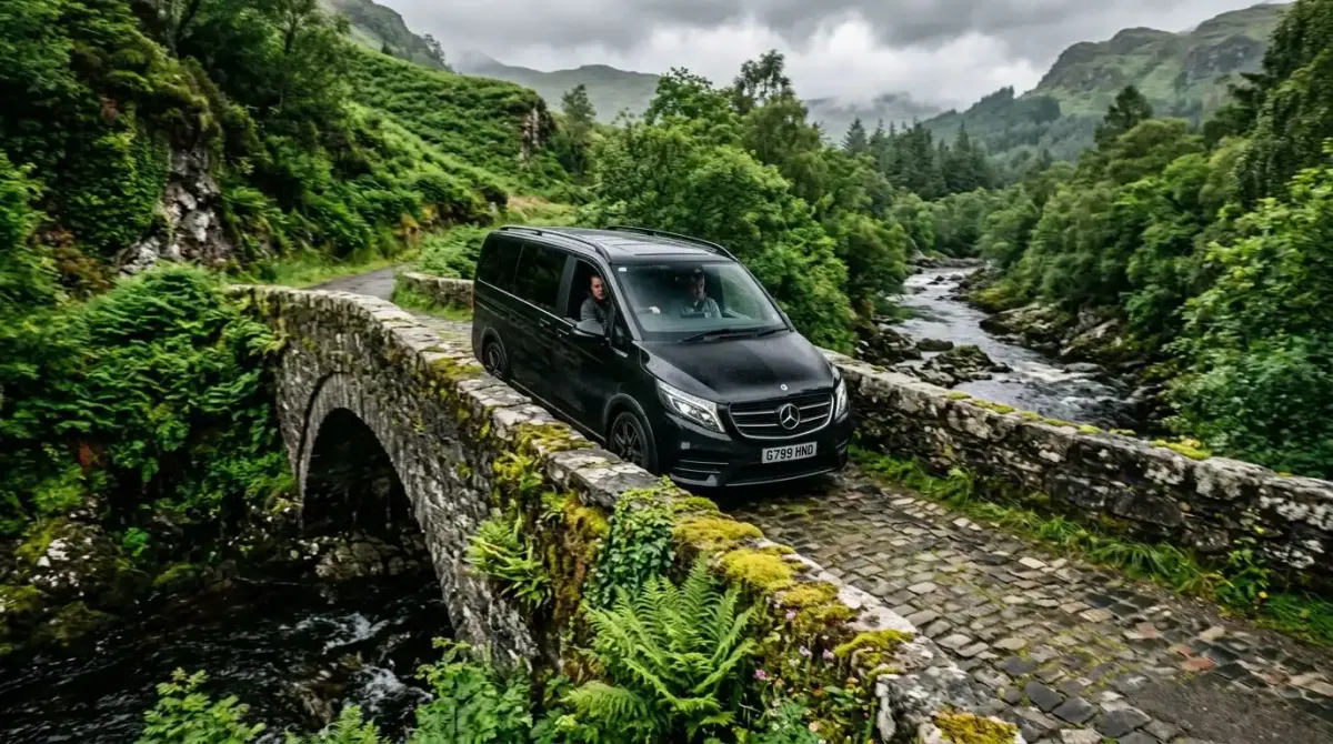 The logistical reality of navigating narrow stone bridges on an Irish castle tour.
